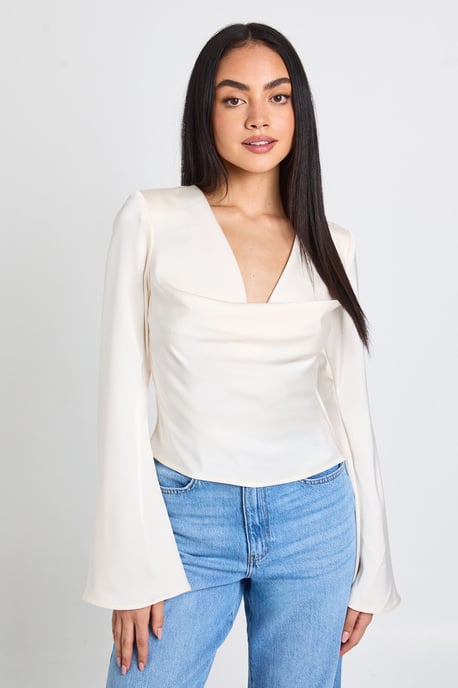 Long Sleeve Satin Cowl Neck Top - Image 1