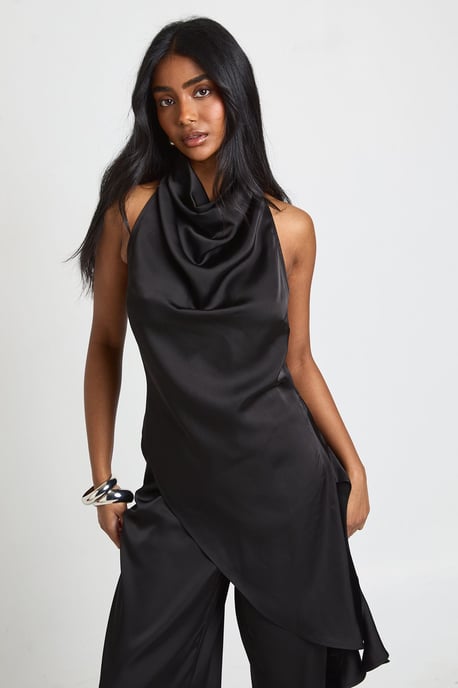 Satin Cowl Neck Asym Hem Top - Image 1