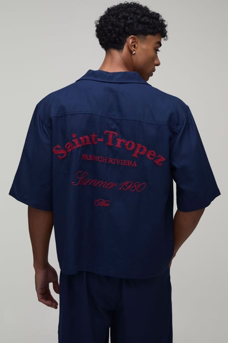 Linen Embroidered Saint Tropez Oversized Boxy Shirt & Relaxed Trouser Set - Image 1