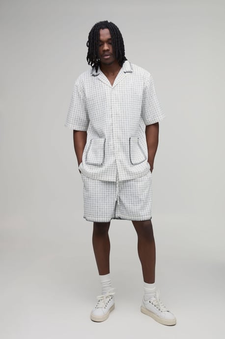 Tall Windowpane Check Blanket Stitch Oversized Short Sleeve Shirt & Baggy Short Set - Image 1