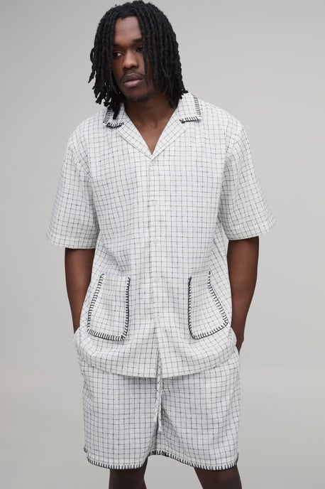 Tall Windowpane Check Blanket Stitch Oversized Short Sleeve Shirt & Baggy Short Set - Image 3