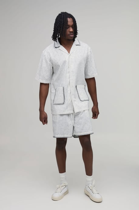 Tall Windowpane Check Blanket Stitch Oversized Short Sleeve Shirt & Baggy Short Set - Image 4