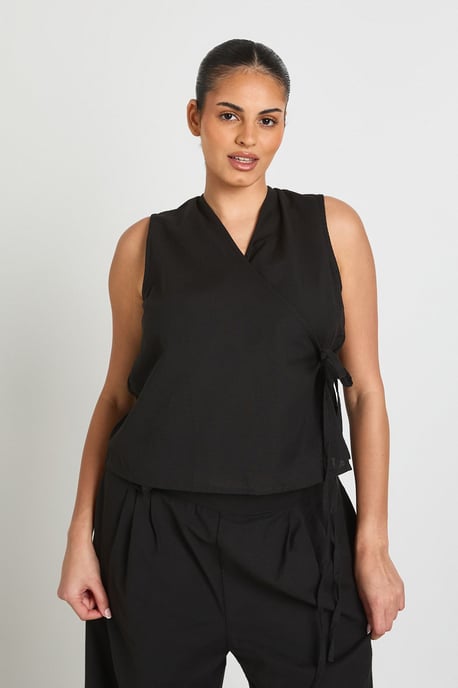 Plus Linen Boxy Wrap Over Waistcoat And Wide Leg Trouser - Image 1