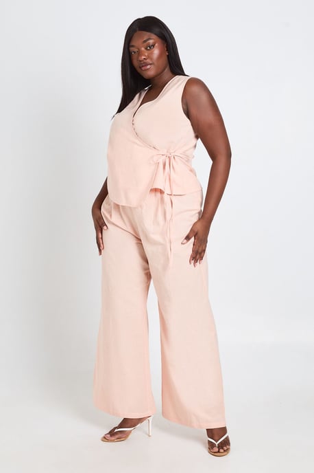 Plus Linen Boxy Wrap Over Waistcoat And Wide Leg Trouser - Image 1