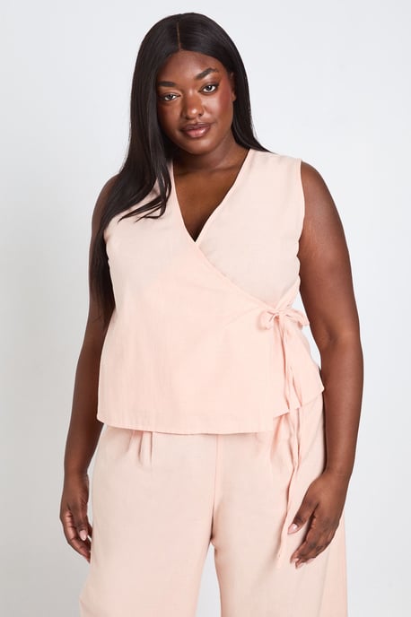 Plus Linen Boxy Wrap Over Waistcoat And Wide Leg Trouser - Image 2
