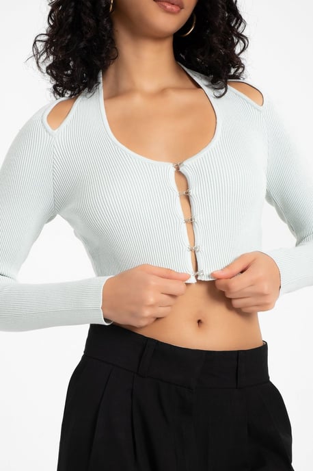 Scoop Neck Accessoriserad Kort Cardigan med Utskärning i Bakdelen - Image 5