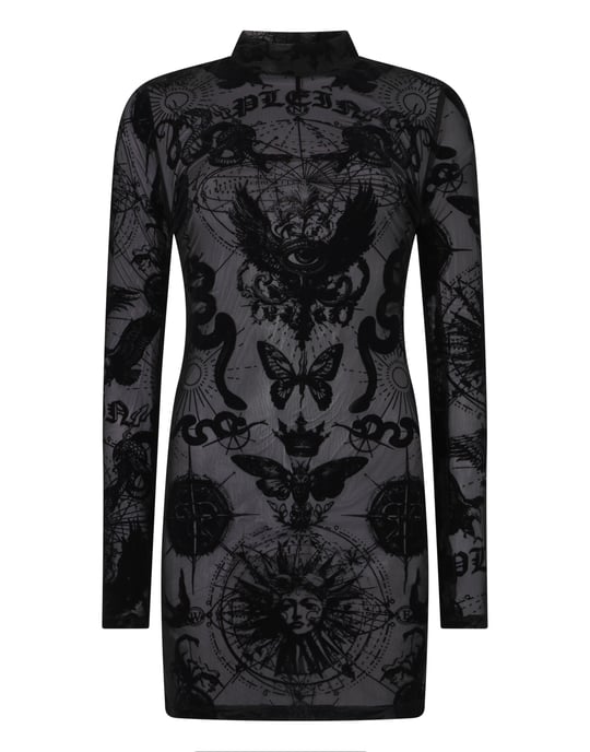 Long Sleeve Mini Dress Flock Butterfly Tattoo - Image 1