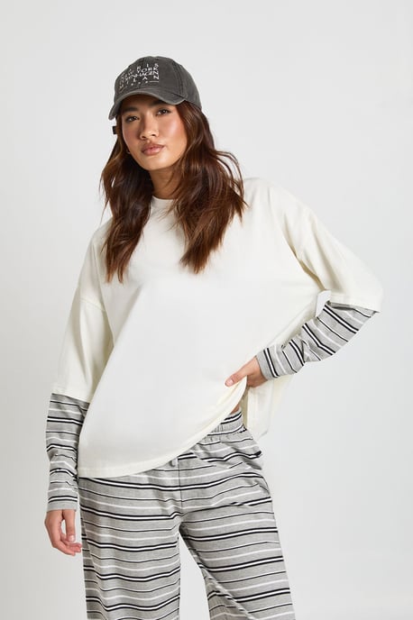 Stripe Sleeve Double Layer Oversized T-Shirt - Image 1