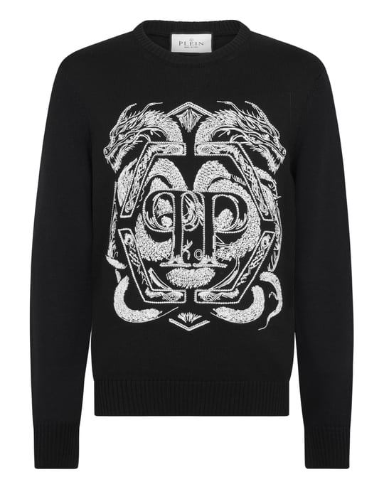 Embroidered Merino Wool Round Neck Pullover Hexagon Dragon Hexagon - Image 1