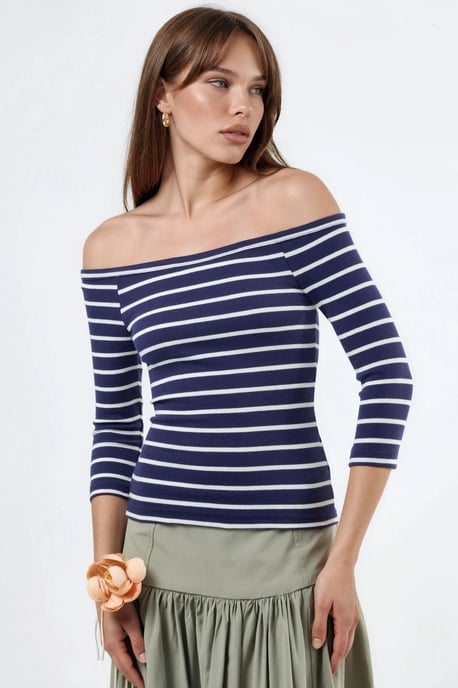 Randig Ribbad Båthalsad Blus med Långa Ärmar - Image 1