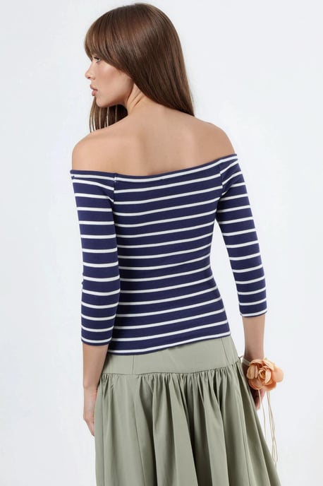 Randig Ribbad Båthalsad Blus med Långa Ärmar - Image 3