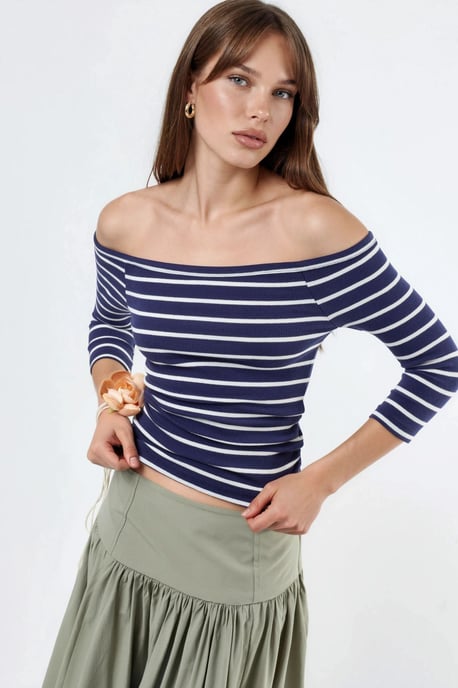 Randig Ribbad Båthalsad Blus med Långa Ärmar - Image 4
