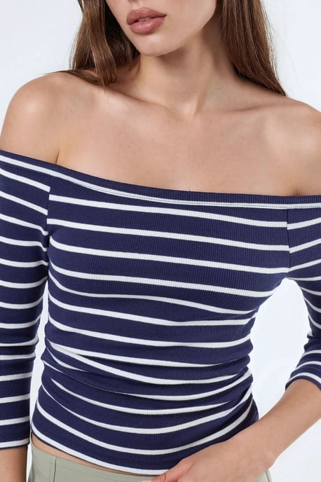 Randig Ribbad Båthalsad Blus med Långa Ärmar - Image 6