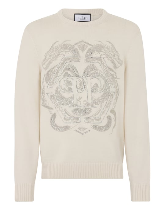 Embroidered Merino Wool Round Neck Pullover Hexagon Dragon - Image 1
