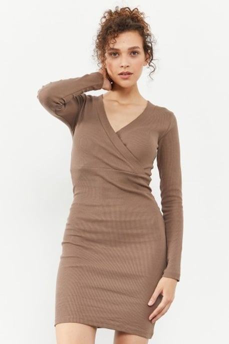 Ribbad Bodycon Midi Klänning med V-ringning - Image 2