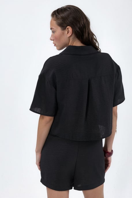 Gestructureerd Korte Crop Shirt met Knopen Sluiting - Image 3