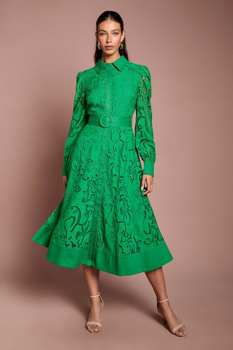 Embroidered Cutout Belted Shirt Dress - Image 1