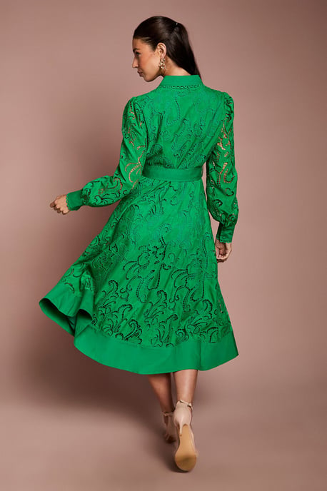Embroidered Cutout Belted Shirt Dress - Image 3