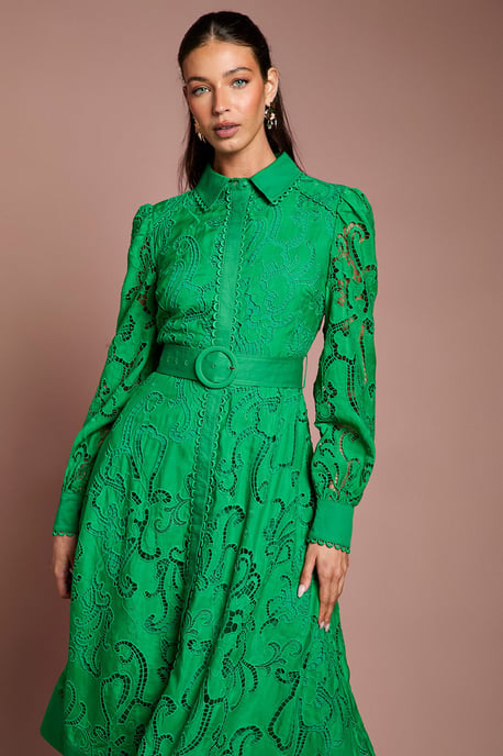 Embroidered Cutout Belted Shirt Dress - Image 4
