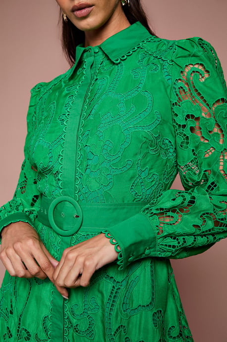 Embroidered Cutout Belted Shirt Dress - Image 5