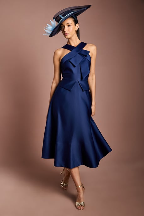 Lisa Tan Cross Neck Structured Satin Bow Detail Midi Dress - Image 1
