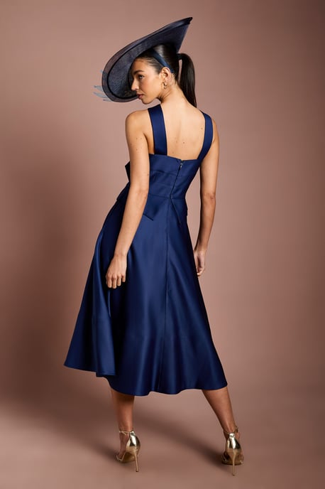Lisa Tan Cross Neck Structured Satin Bow Detail Midi Dress - Image 3