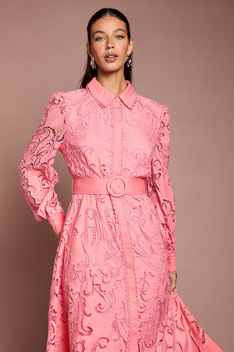 Embroidered Cutout Belted Shirt Dress - Image 2