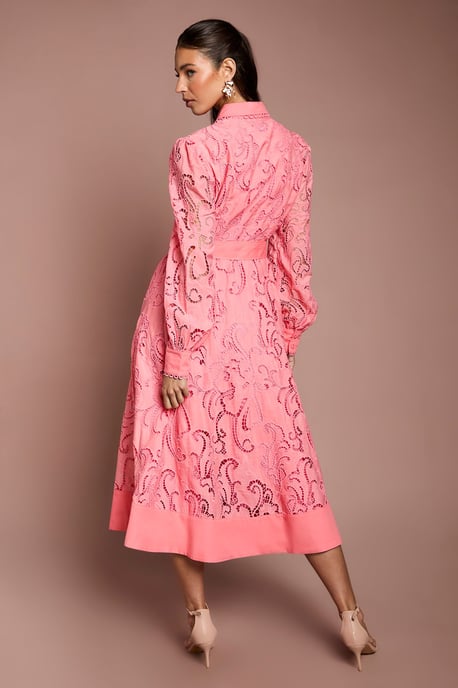 Embroidered Cutout Belted Shirt Dress - Image 3