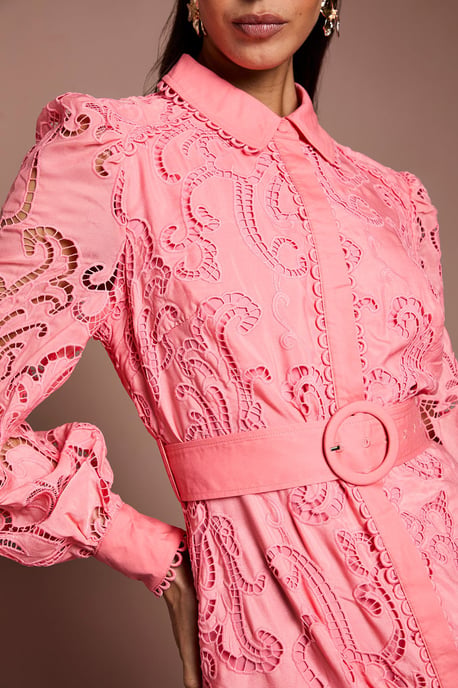 Embroidered Cutout Belted Shirt Dress - Image 4