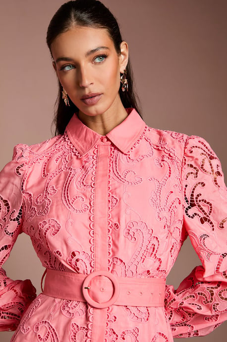 Embroidered Cutout Belted Shirt Dress - Image 5