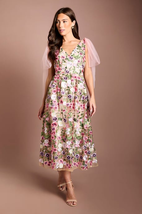 Coast Muse Tie Shoulder Embroidered Mesh Midi Dress - Image 1