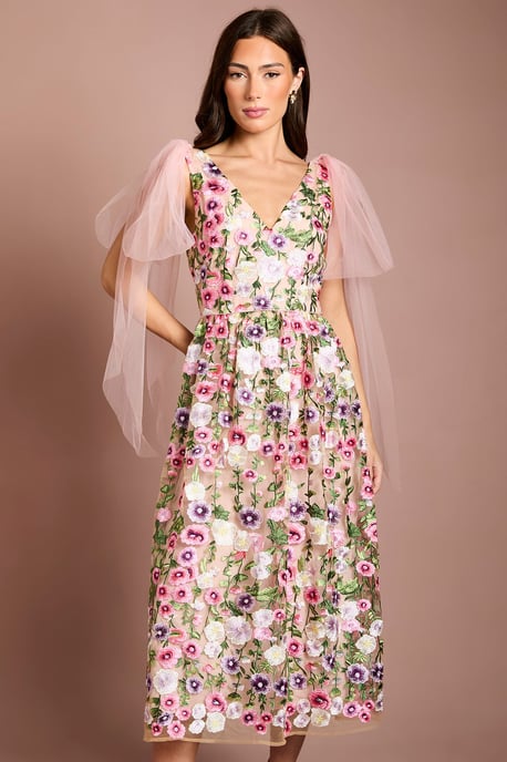 Coast Muse Tie Shoulder Embroidered Mesh Midi Dress - Image 2