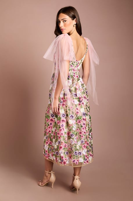 Coast Muse Tie Shoulder Embroidered Mesh Midi Dress - Image 3