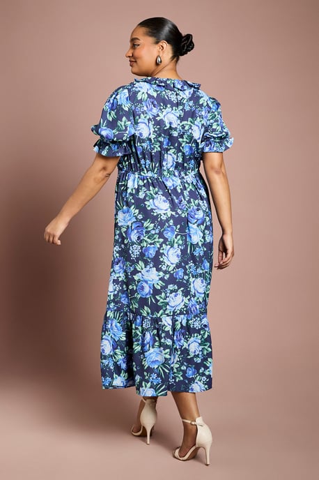 Curve Ruffle Neckline Frill Sleeve Tiered Midi Dress - Image 3