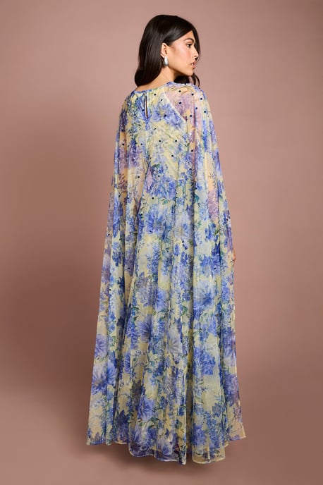 Pleated Mesh Printed Cape Maxi Dress With Gemstone - Image 3
