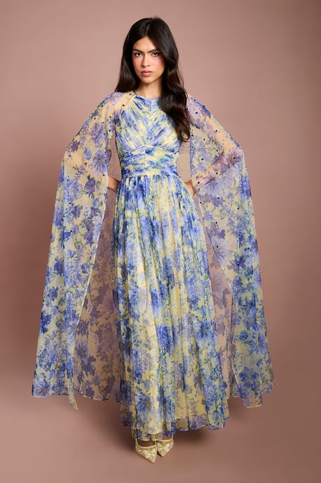 Pleated Mesh Printed Cape Maxi Dress With Gemstone - Image 4