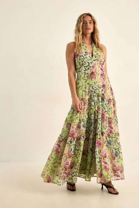 Floral Chiffon Patchwork Ruffle Halter Neck Maxi Dress - Image 1