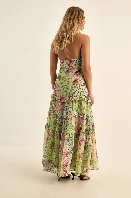 Floral Chiffon Patchwork Ruffle Halter Neck Maxi Dress - Image 3