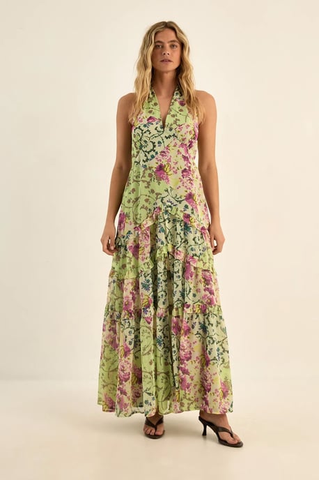 Floral Chiffon Patchwork Ruffle Halter Neck Maxi Dress - Image 4