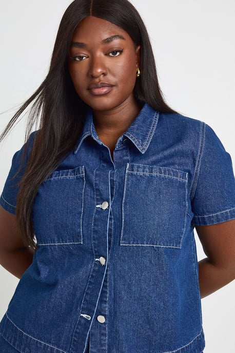 Plus Button Down Pocket Denim Shirt - Image 4