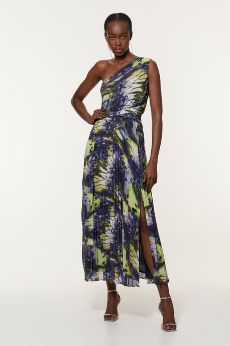 Tall Crinkle Feather Print Woven One Shoulder Midaxi Dress - Image 1