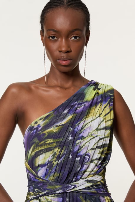 Tall Crinkle Feather Print Woven One Shoulder Midaxi Dress - Image 2
