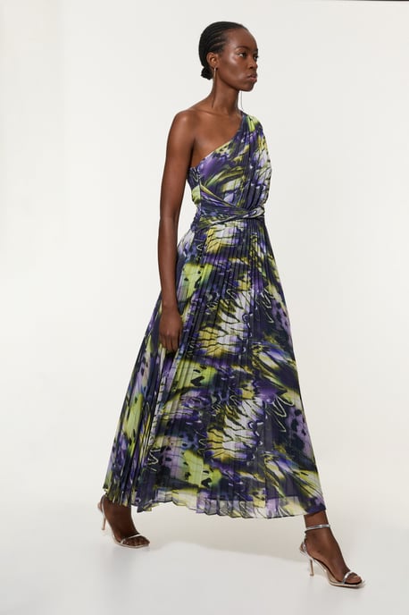 Tall Crinkle Feather Print Woven One Shoulder Midaxi Dress - Image 3
