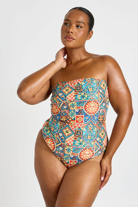 Plus Tile Print Bandeau Swimsuit - Image 3
