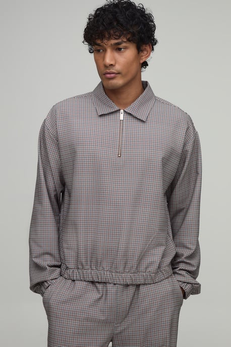 Oversized Check Technical Stretch Harrington Overshirt - Image 1