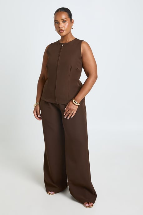 Plus Boat Neck Zip Up Top And Pleated Wide Leg Trouser - Image 3