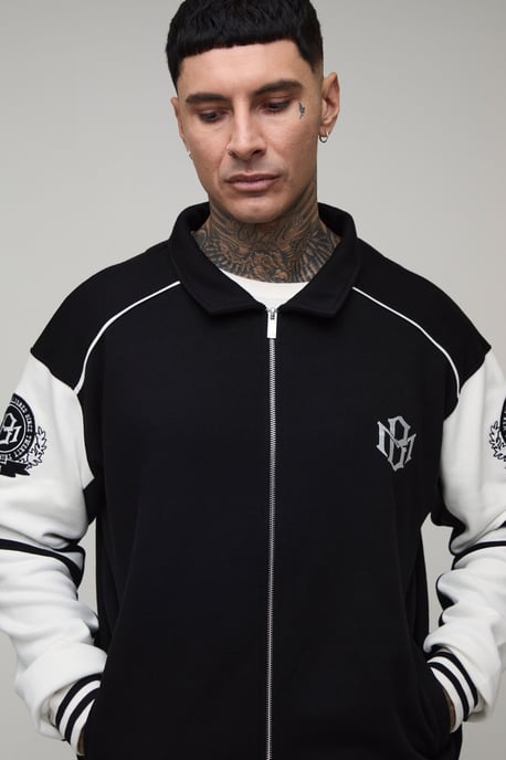 Tall Boxy Fit Collared Colour Block Varsity Jersey Jacket - Image 3