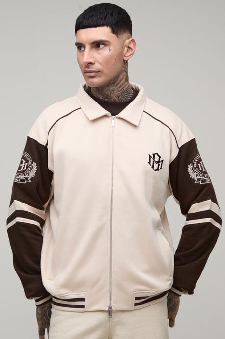 Tall Boxy Fit Collared Colour Block Varsity Jersey Jacket - Image 1
