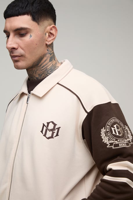 Tall Boxy Fit Collared Colour Block Varsity Jersey Jacket - Image 3