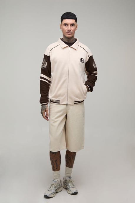 Tall Boxy Fit Collared Colour Block Varsity Jersey Jacket - Image 4